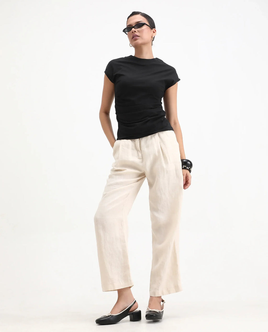 Rareism Women's Granden Black Cotton Crew Neck Plain Extended Sleeves Regular Fit Top