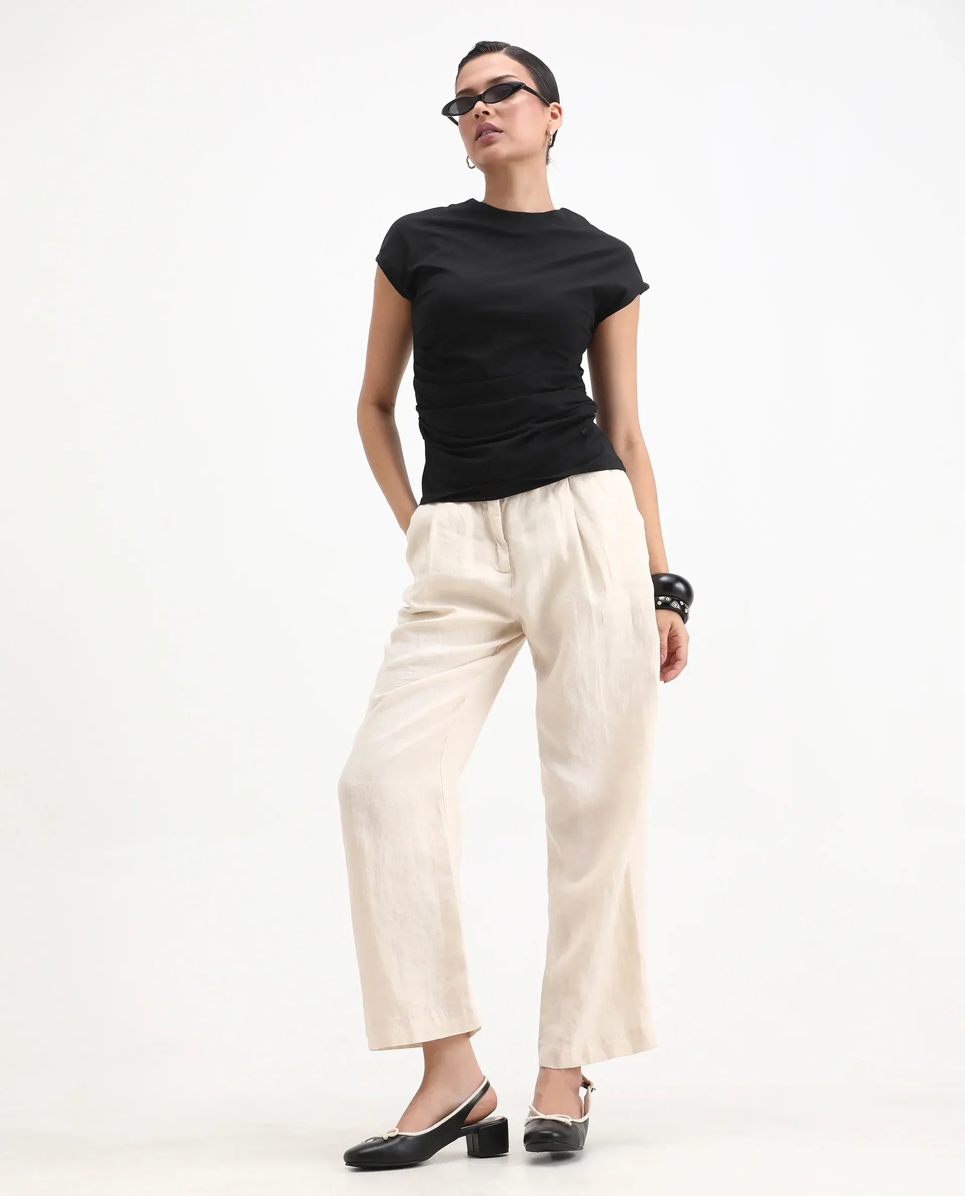 Rareism Women's Granden Black Cotton Crew Neck Plain Extended Sleeves Regular Fit Top