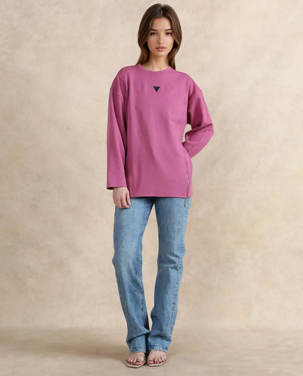 Rareism Women's Gravity Pink Cotton Blend Crew Neck Plain Hip Length Relaxed Fit Sweatshirt