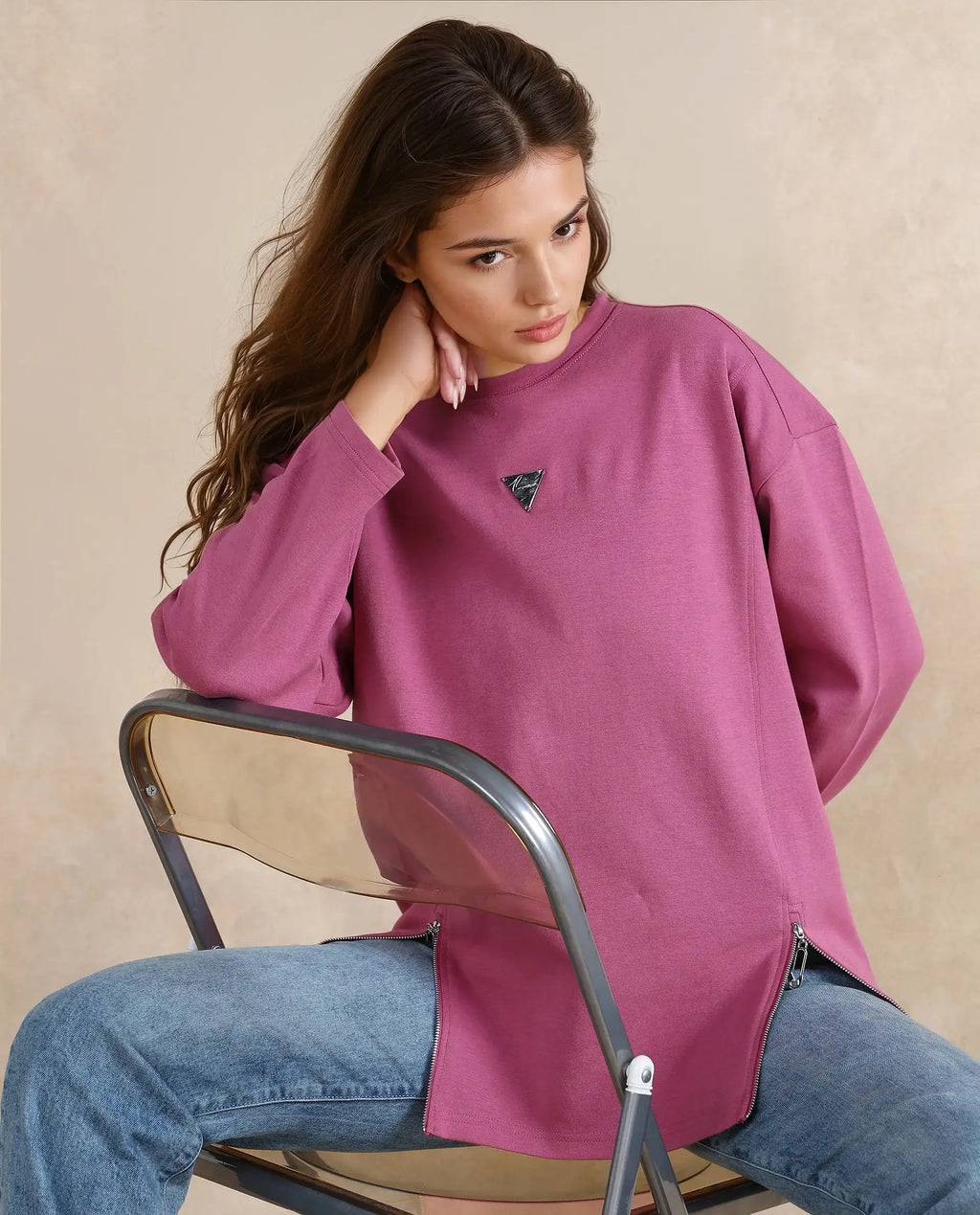 Rareism Women's Gravity Pink Cotton Blend Crew Neck Plain Hip Length Relaxed Fit Sweatshirt