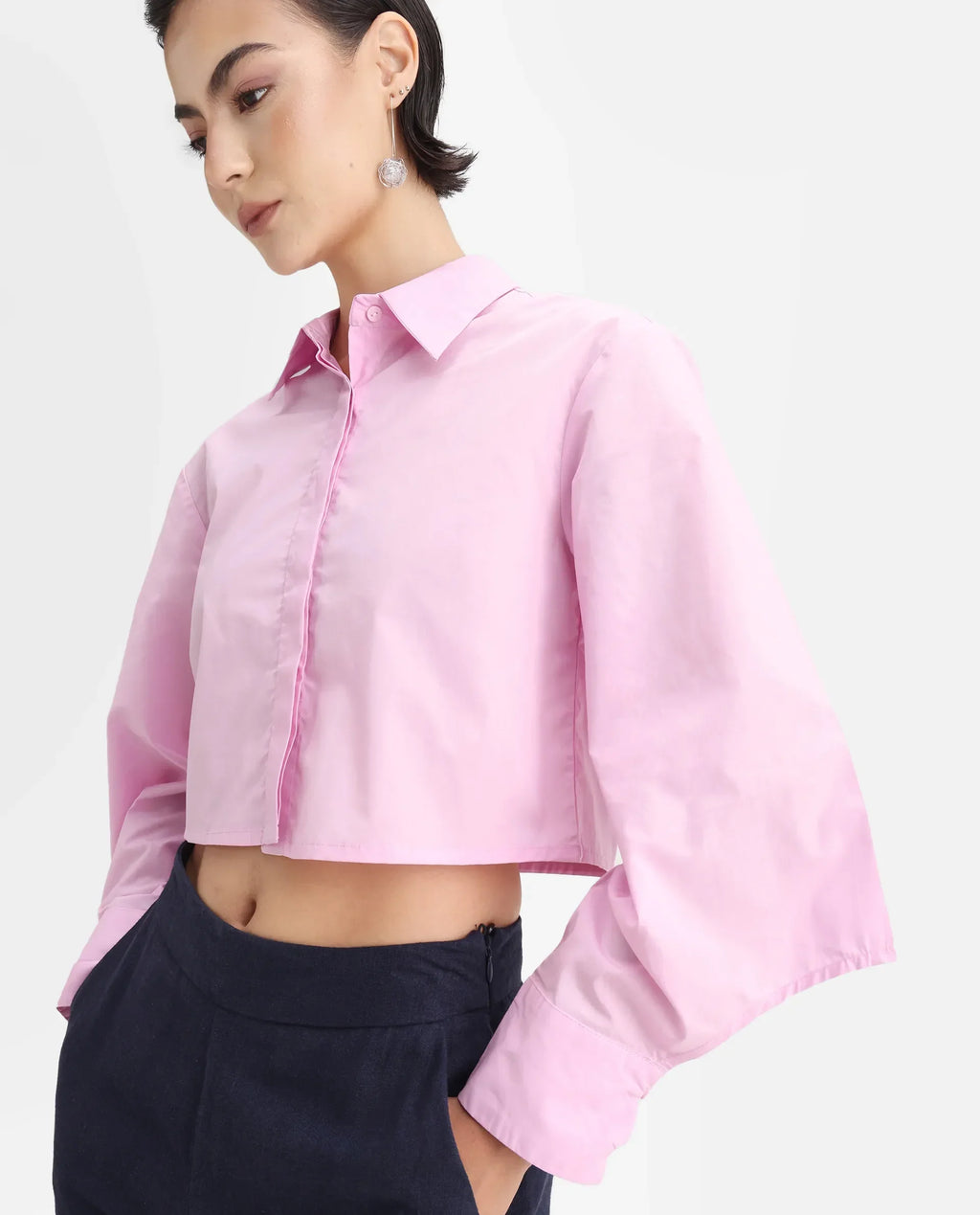 Rareism Women's Grieropo Pink Cotton Spread Collar Plain Fashion Sleeve Crop Regular Fit Top