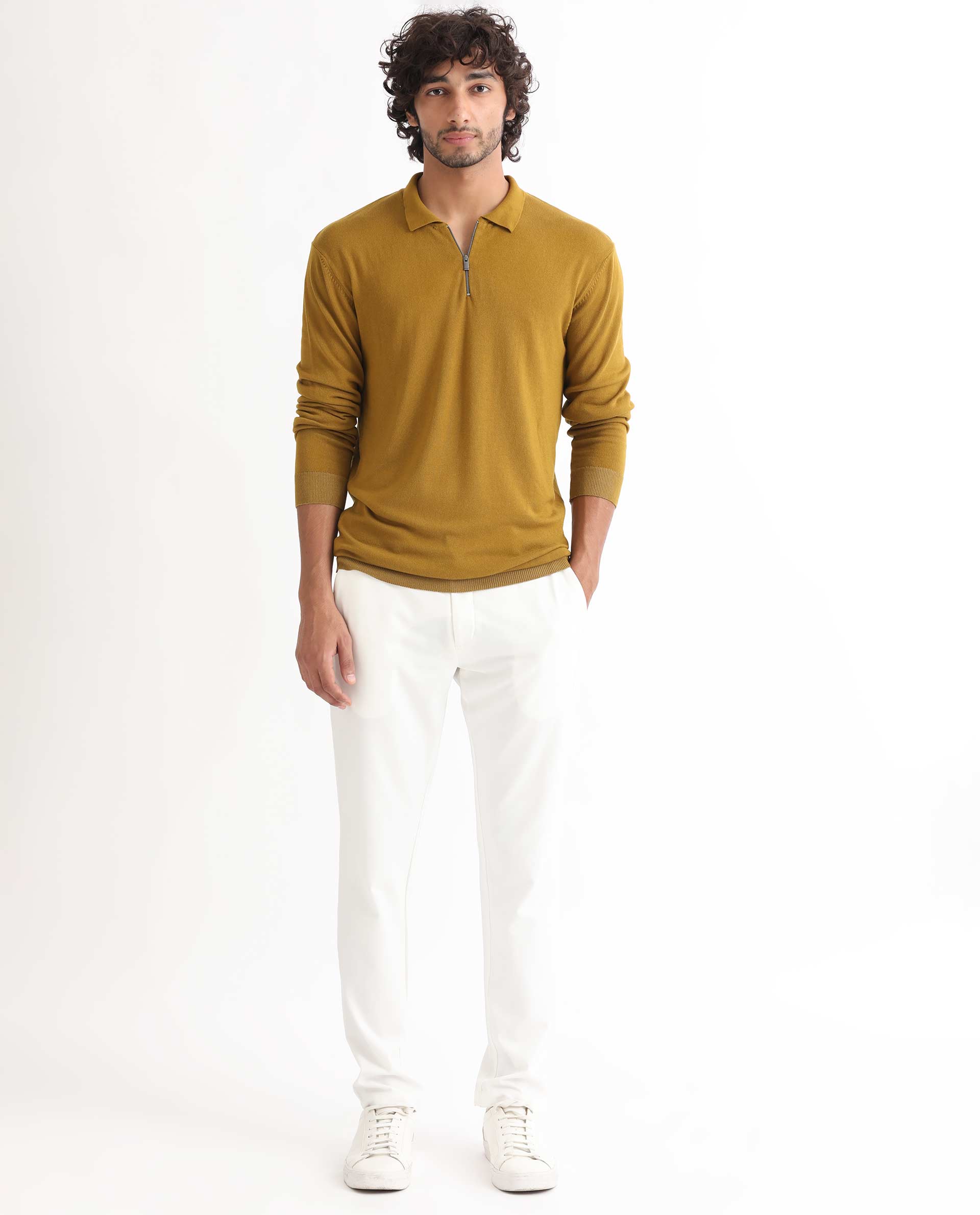 Rare Rabbit Men's Griffin Mustard Viscose Plain Regular Fit Full Sleeve Spread Collar Sweater