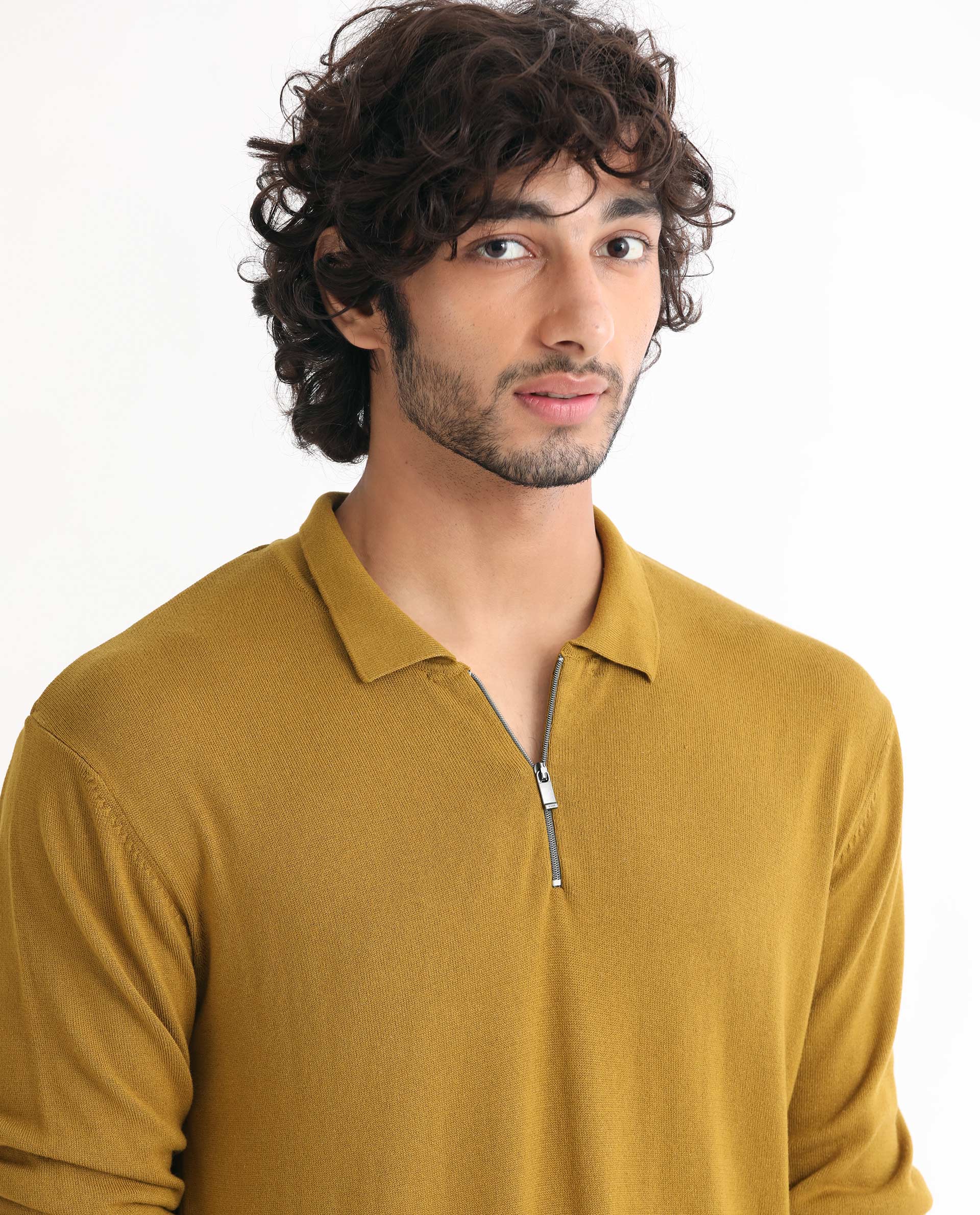Rare Rabbit Men's Griffin Mustard Viscose Plain Regular Fit Full Sleeve Spread Collar Sweater