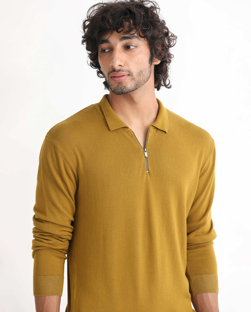 Rare Rabbit Men's Griffin Mustard Viscose Plain Regular Fit Full Sleeve Spread Collar Sweater