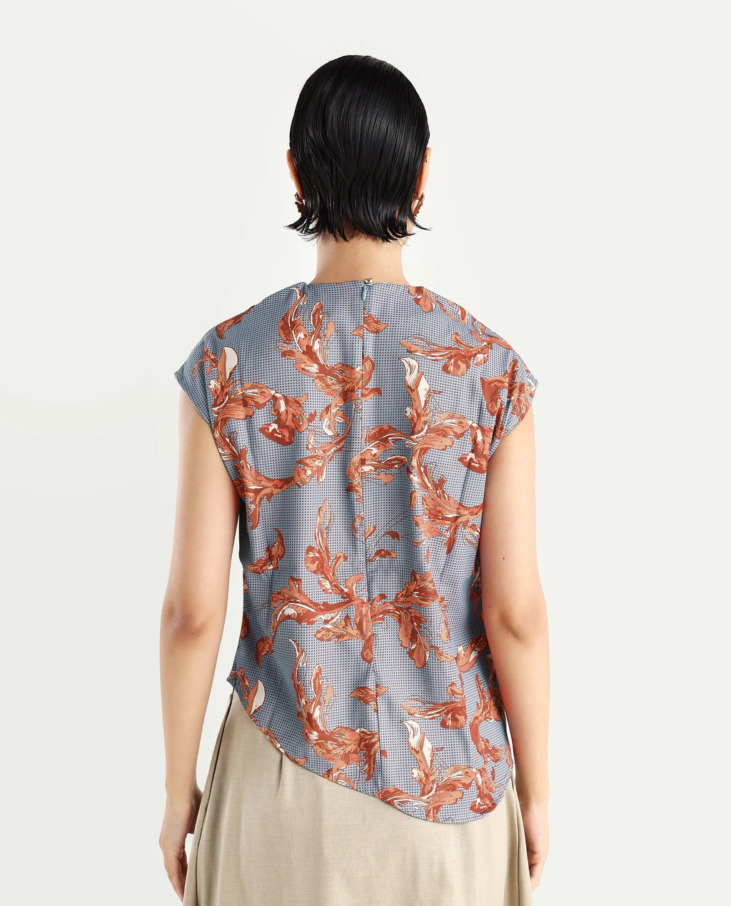 Rareism Women's Grillo Grey Polyester Asymmetric Neck Abstract Print Sleeveless Regular Fit Top