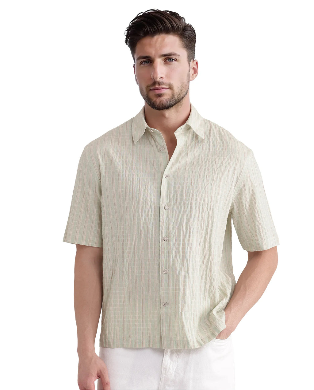 Rare Rabbit Men's Grolxan Pastel Green Cotton Striped Print Regular Fit Full Sleeve Collared Shirt