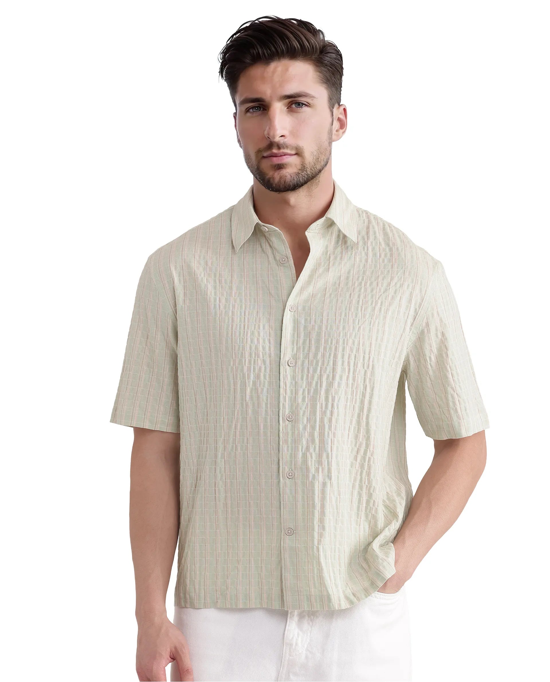 Rare Rabbit Men's Grolxan Pastel Green Cotton Striped Print Regular Fit Full Sleeve Collared Shirt
