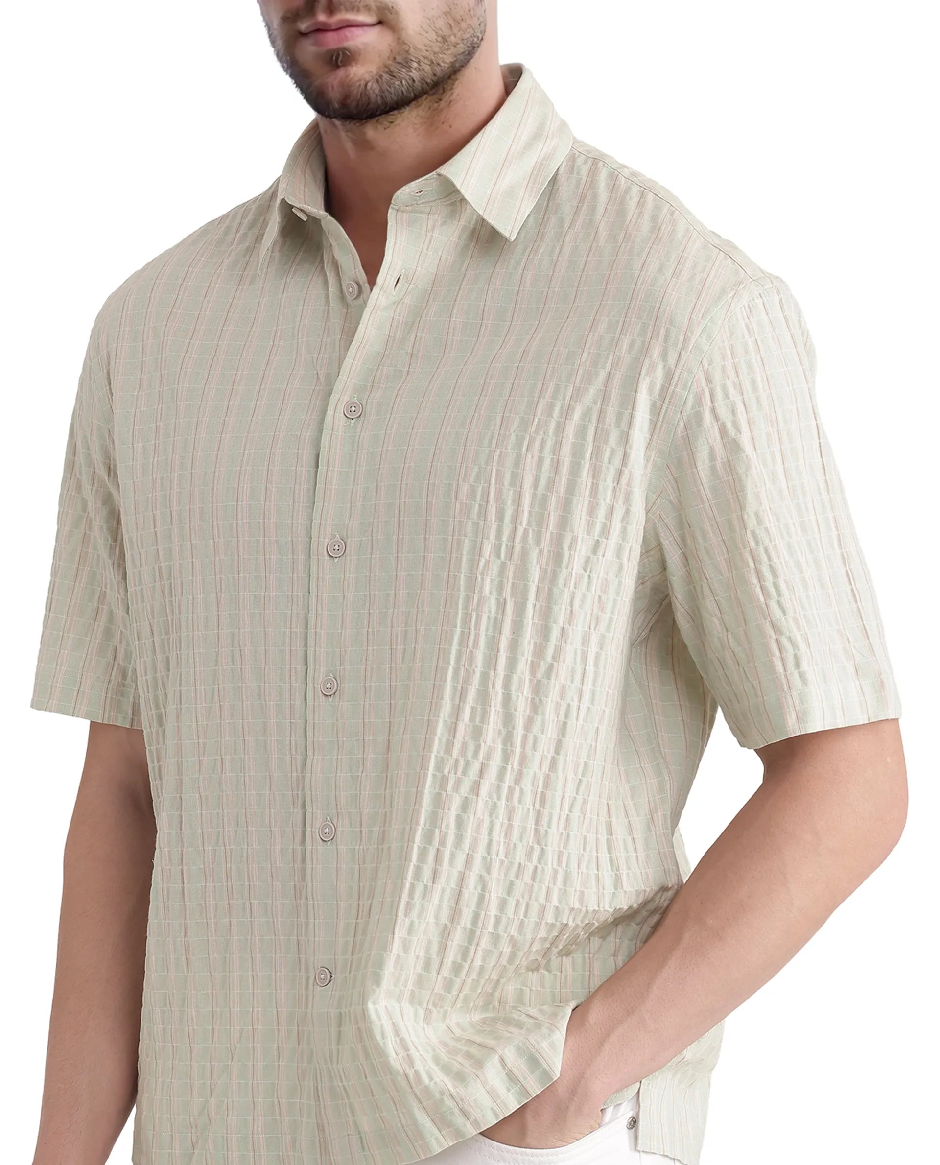 Rare Rabbit Men's Grolxan Pastel Green Cotton Striped Print Regular Fit Full Sleeve Collared Shirt