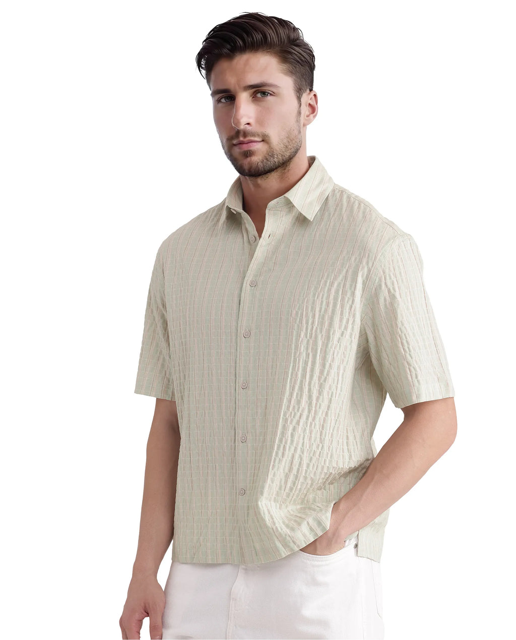 Rare Rabbit Men's Grolxan Pastel Green Cotton Striped Print Regular Fit Full Sleeve Collared Shirt