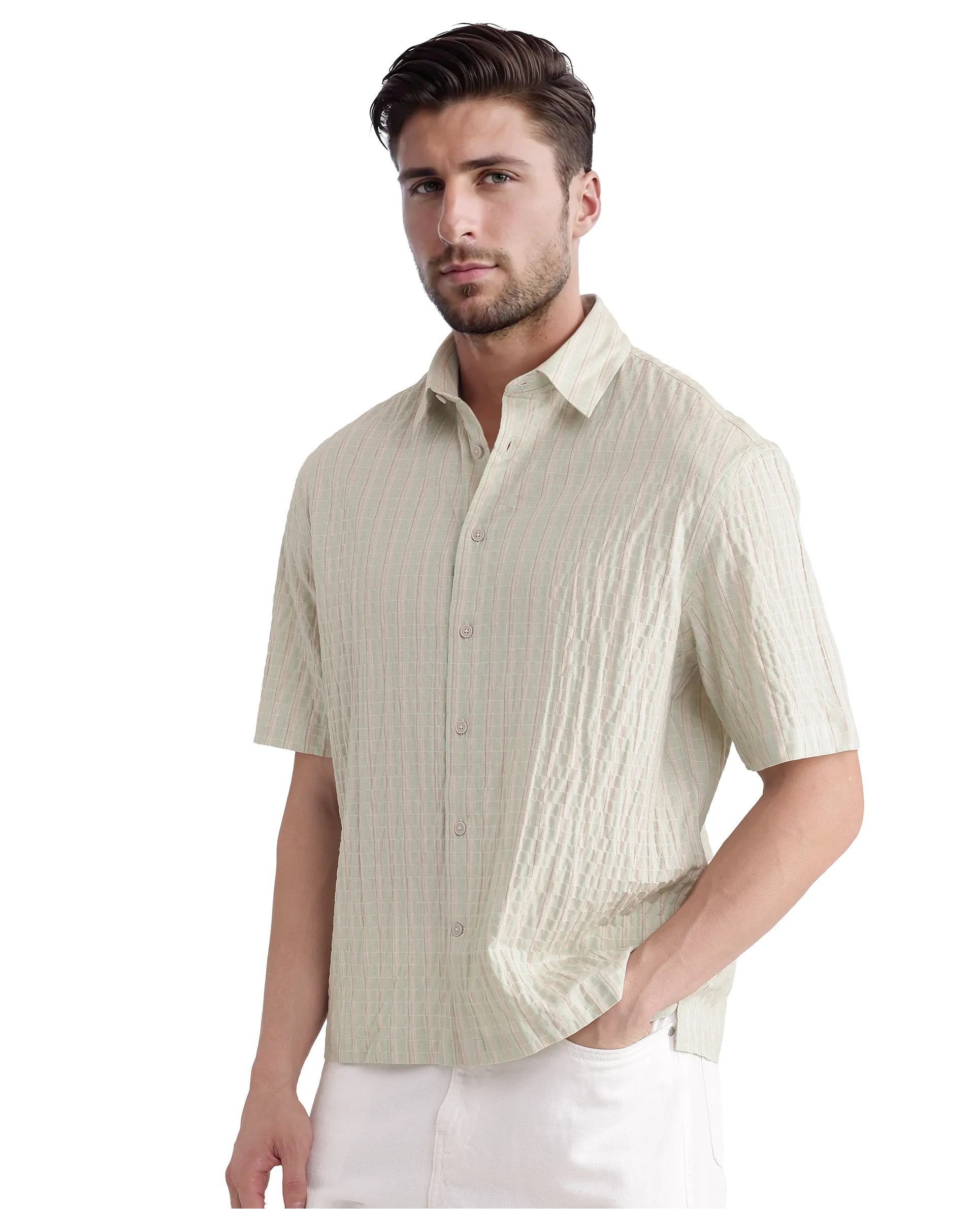 Rare Rabbit Men's Grolxan Pastel Green Cotton Striped Print Regular Fit Full Sleeve Collared Shirt