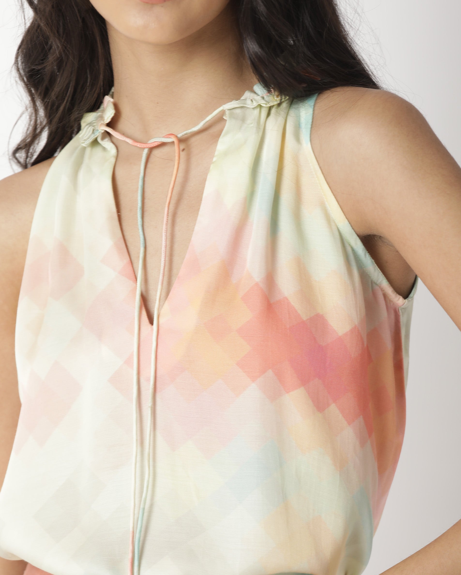 Rareism Women's Groot Offwhite Modal Tie-Up Neck Abstract Print Sleeveless Relaxed Fit Top