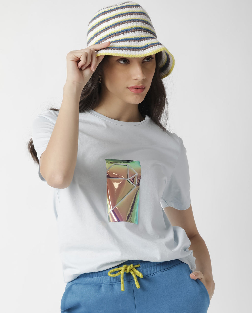 Rareism Women's Gulf Blue Cotton Crew Neck Graphic Print Regular Fit T-Shirt