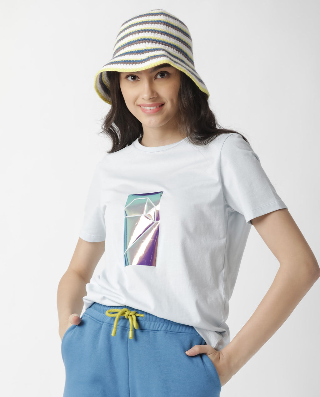 Rareism Women's Gulf Blue Cotton Crew Neck Graphic Print Regular Fit T-Shirt