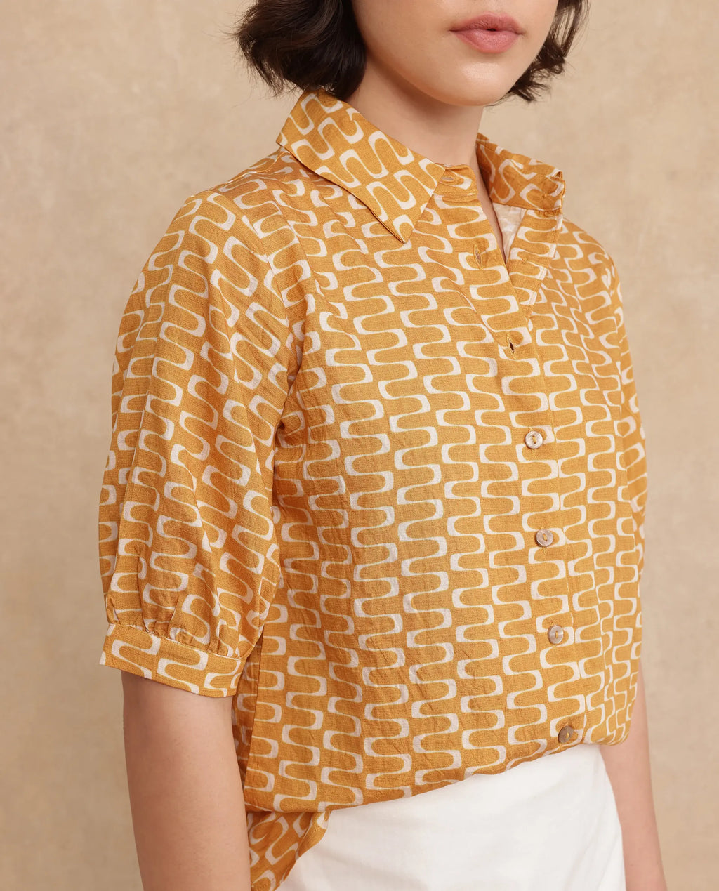 Rareism Women's Guno Yellow Cotton Blend Drop Collar Geometric Print Bishop Sleeve Regular Fit Shirt