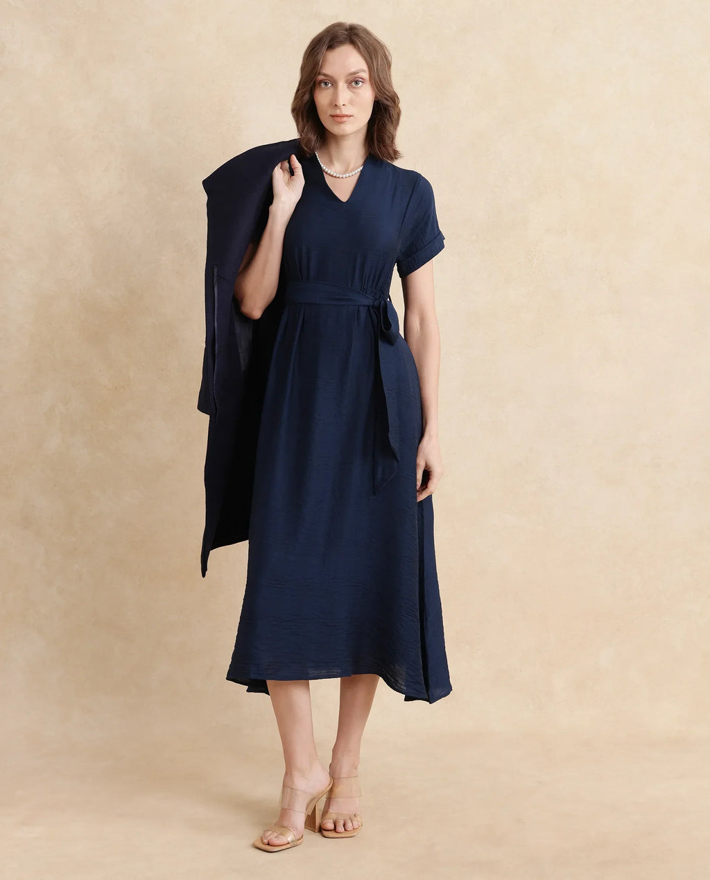 Rareism Women's Ehlum Navy Polyester V-Neck Plain Extended Sleeves Midi Regular Fit Dress