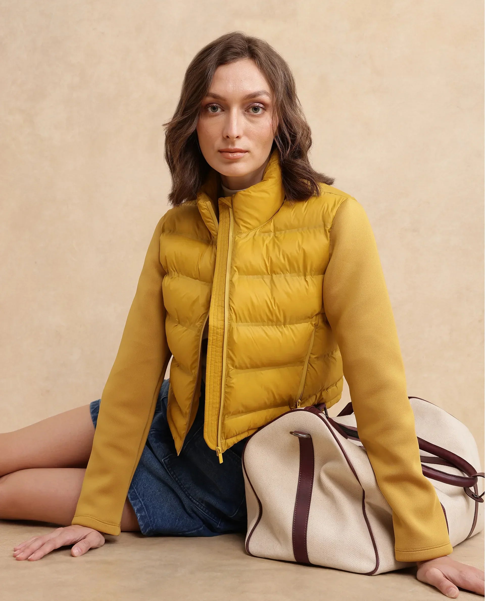Rareism Women's Zarcro Yellow Stand Collar Plain Regular Fit Jacket