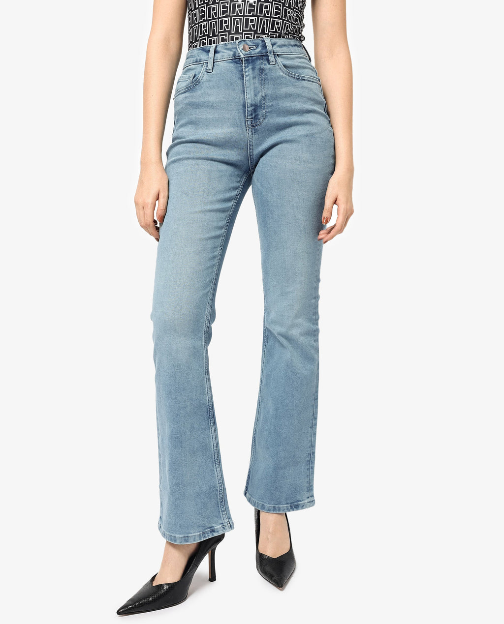 Rareism Women Hadley Pastel Blue Cotton Elastane Fabric Solid Regular Length Jeans