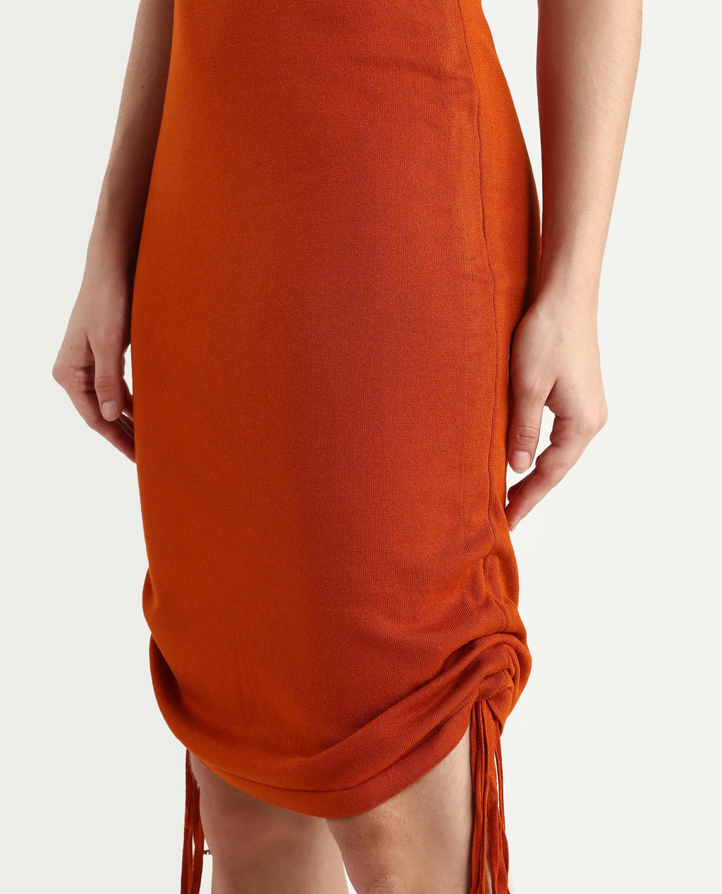 Rareism Women's Hailey Orange Viscose Square Neck Plain Sleeveless Mini Regular Fit Dress