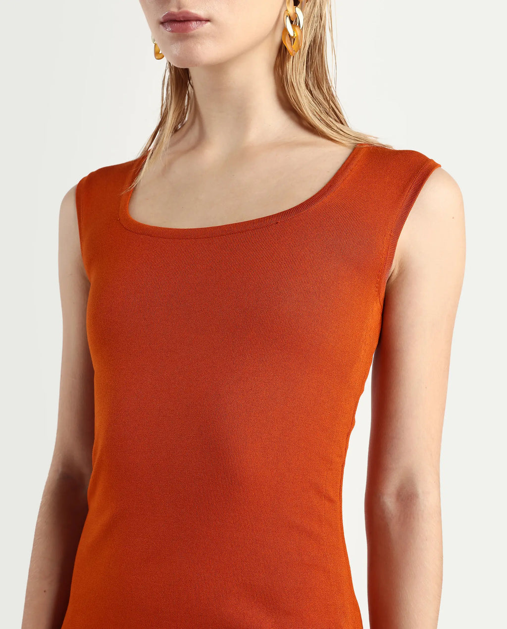 Rareism Women's Hailey Orange Viscose Square Neck Plain Sleeveless Mini Regular Fit Dress