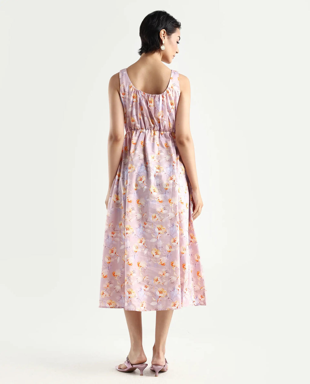 Rareism Women's Hailey Purple Cotton Crew Neck Floral Print Sleeveless Midi Regular Fit Dress