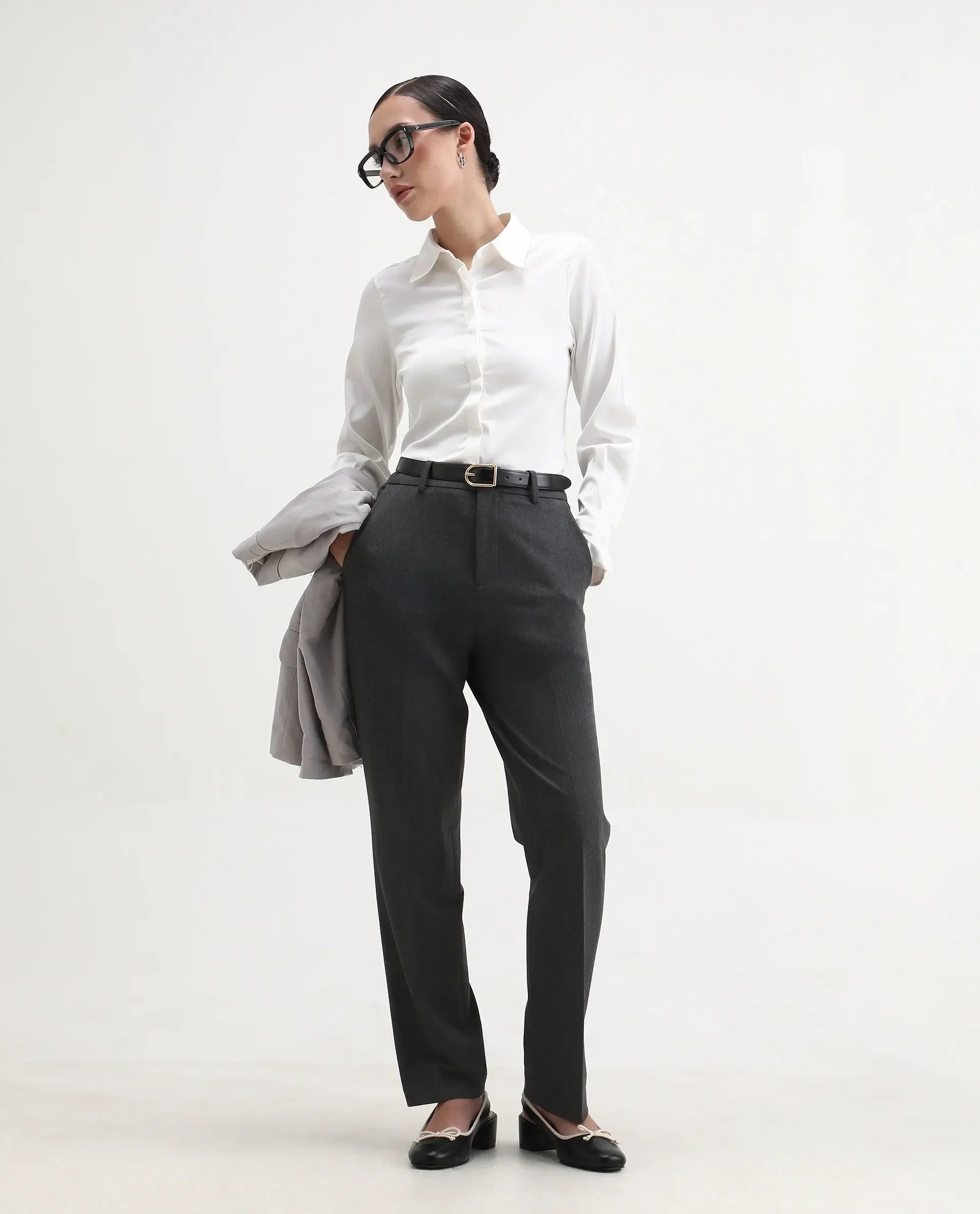 Rareism Women's Haipe White Polyester Spread Collar Plain Cuffed Sleeve Regular Fit Top