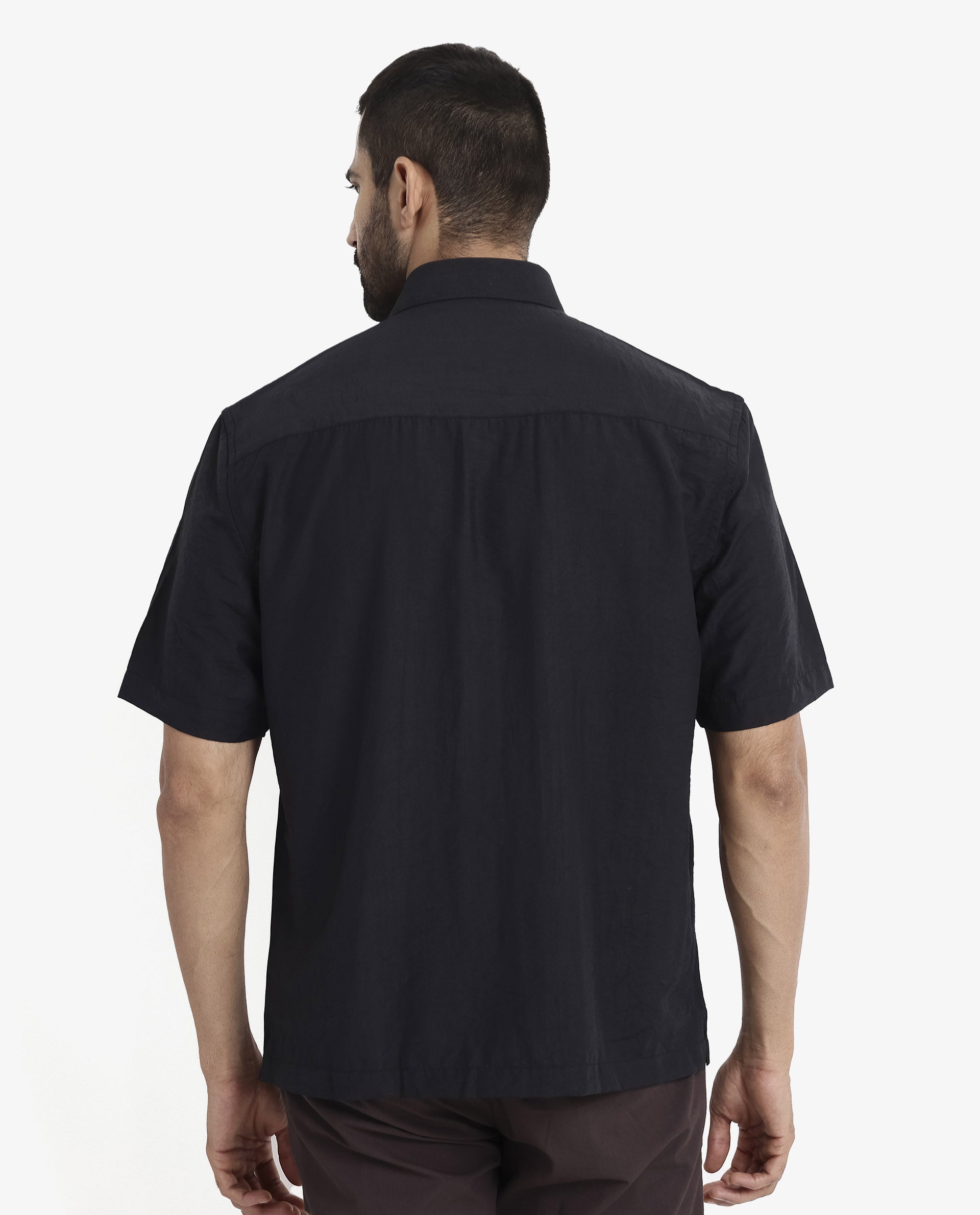 Rare Rabbit Men's Blois Black Viscose Plain Boxy Fit Half Sleeve Collared Shirt