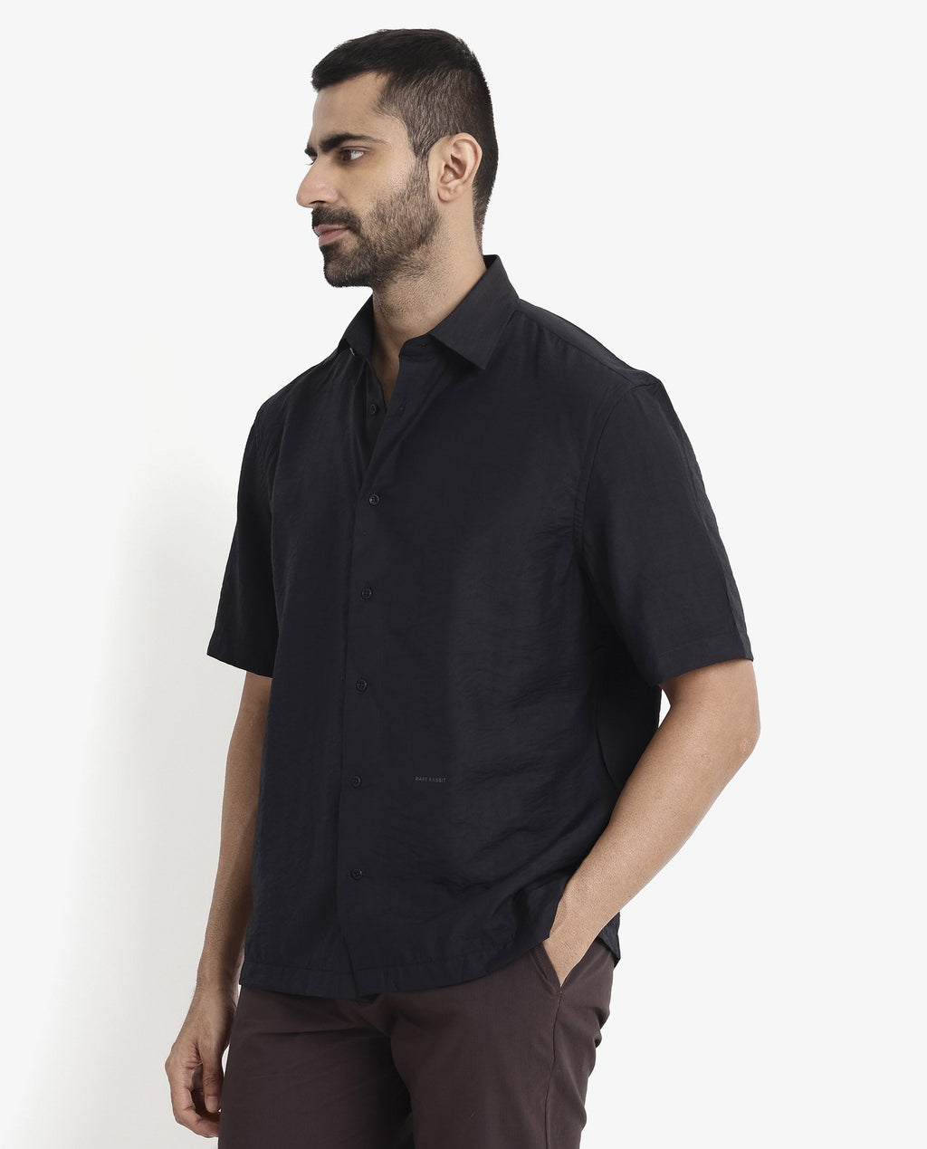 Rare Rabbit Men's Blois Black Viscose Plain Boxy Fit Half Sleeve Collared Shirt