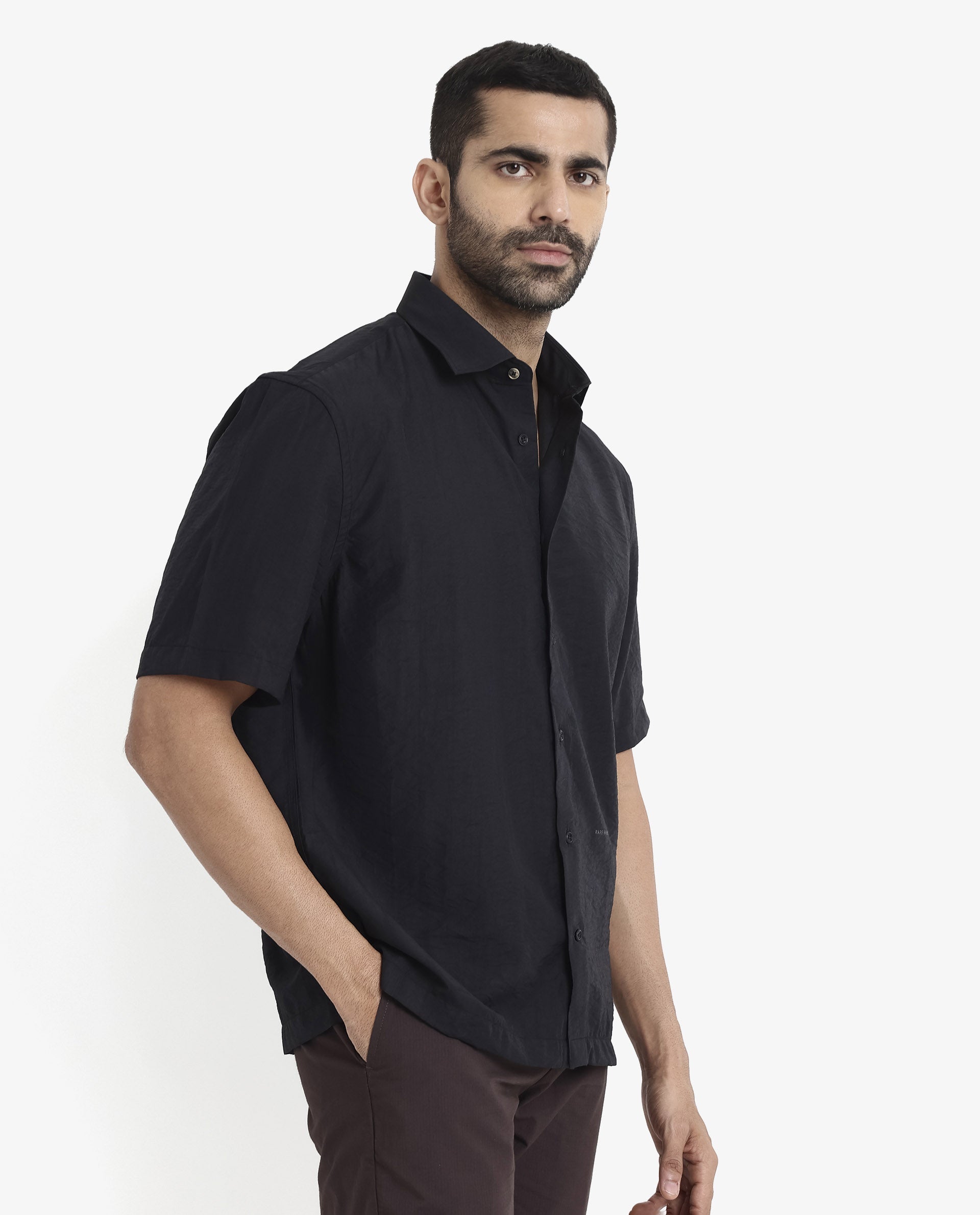 Rare Rabbit Men's Blois Black Viscose Plain Boxy Fit Half Sleeve Collared Shirt