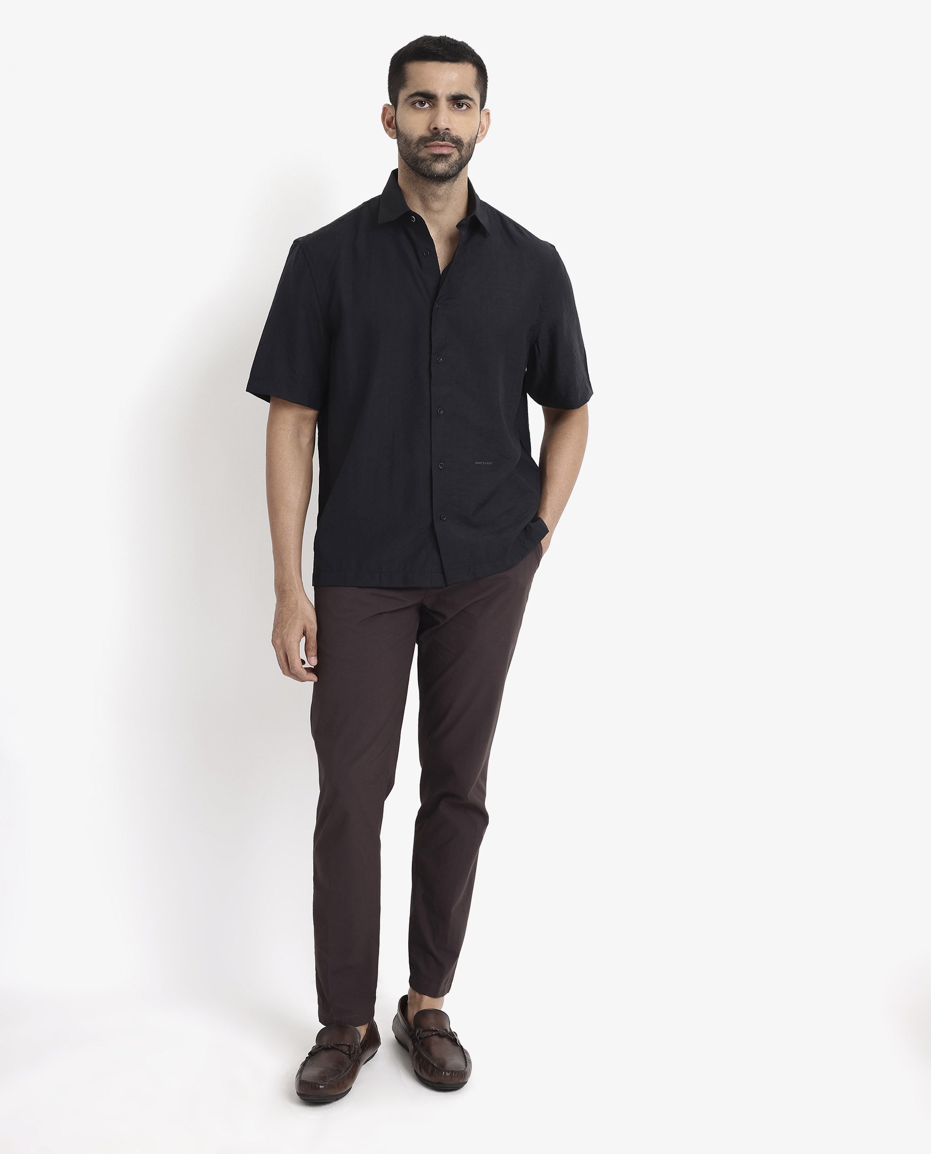 Rare Rabbit Men's Blois Black Viscose Plain Boxy Fit Half Sleeve Collared Shirt