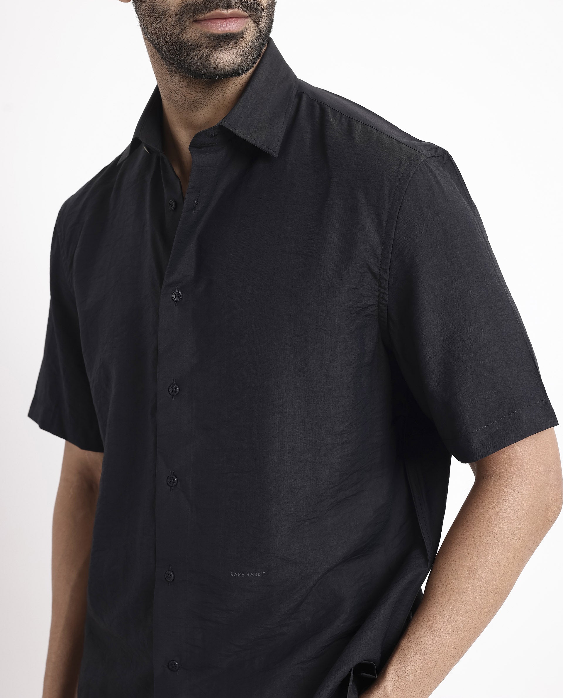 Rare Rabbit Men's Blois Black Viscose Plain Boxy Fit Half Sleeve Collared Shirt