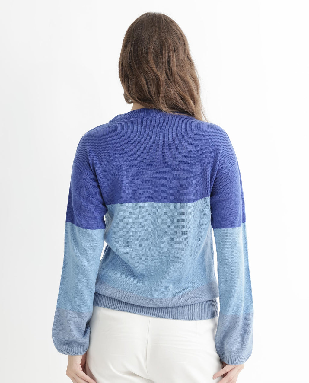 Rareism Women's Hampshire Blue Acrylic Crew Neck Color Block Relaxed Fit Sweater