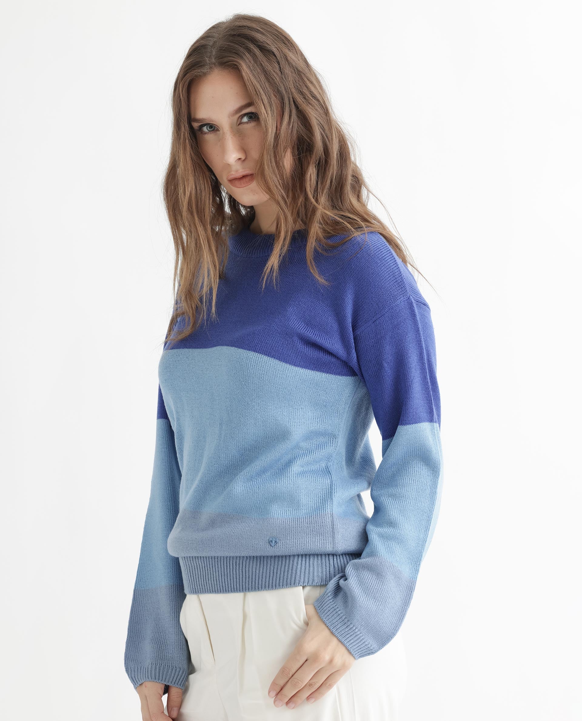 Rareism Women's Hampshire Blue Acrylic Crew Neck Color Block Relaxed Fit Sweater