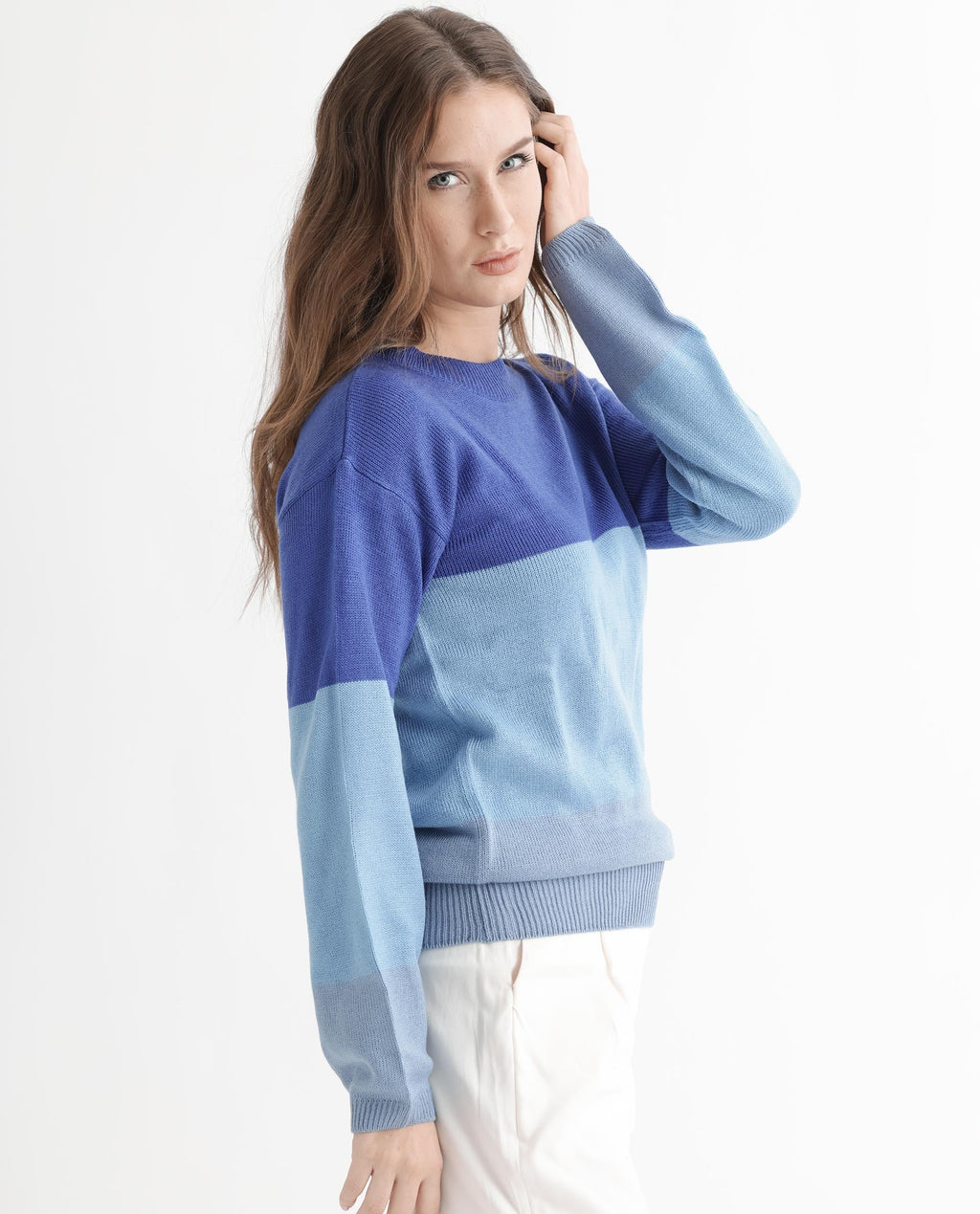 Rareism Women's Hampshire Blue Acrylic Crew Neck Color Block Relaxed Fit Sweater