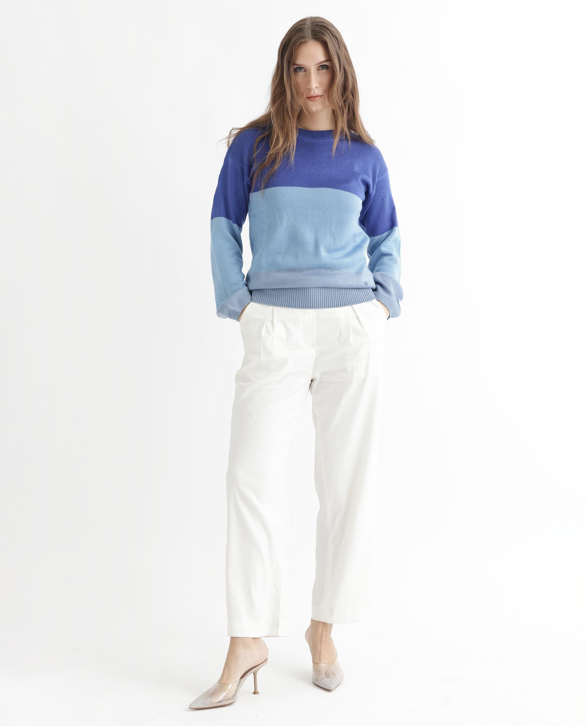 Rareism Women's Hampshire Blue Acrylic Crew Neck Color Block Relaxed Fit Sweater