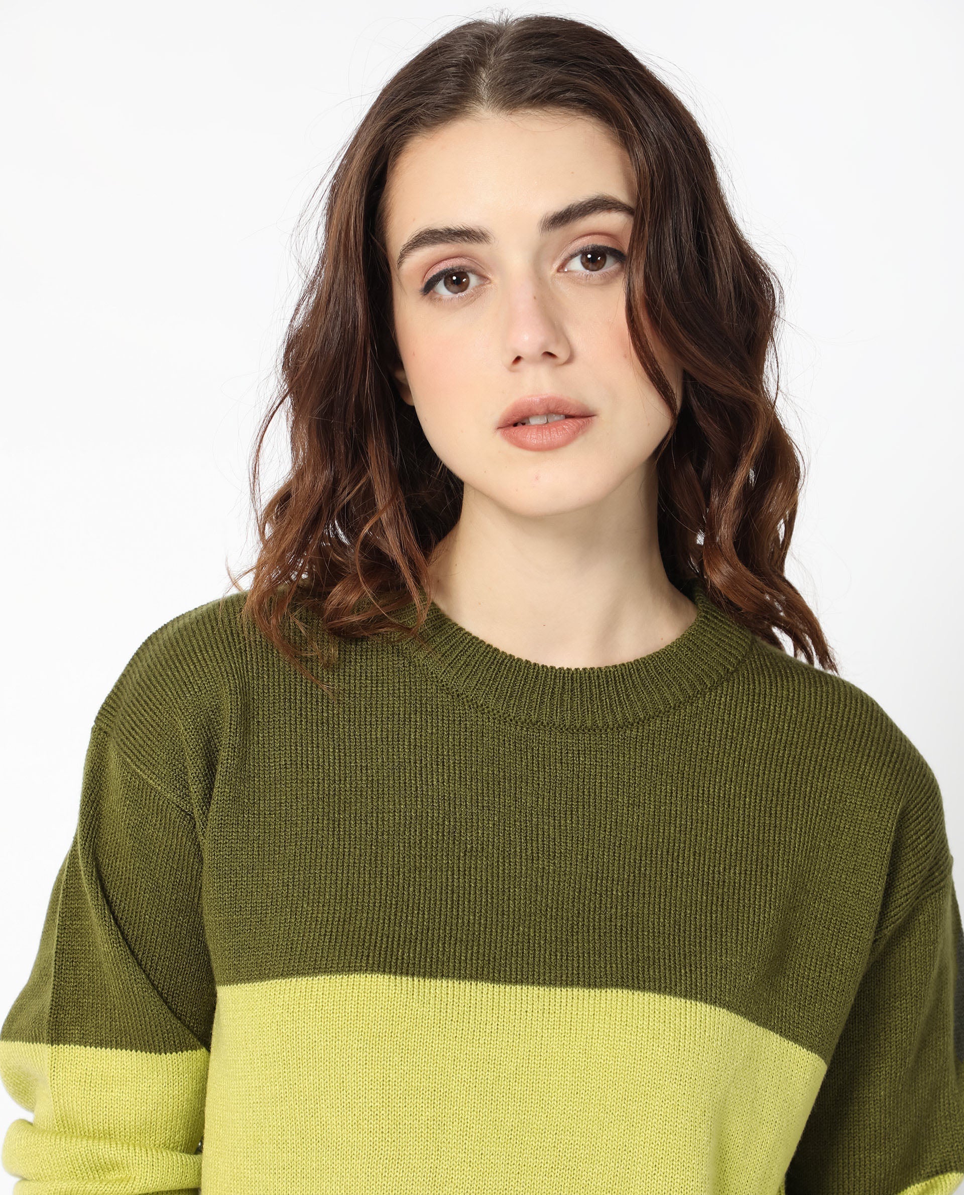 Rareism Women's Hampshire Olive Acrylic Crew Neck Color Block Relaxed Fit Sweater