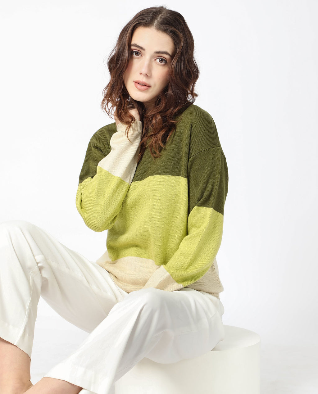 Rareism Women's Hampshire Olive Acrylic Crew Neck Color Block Relaxed Fit Sweater