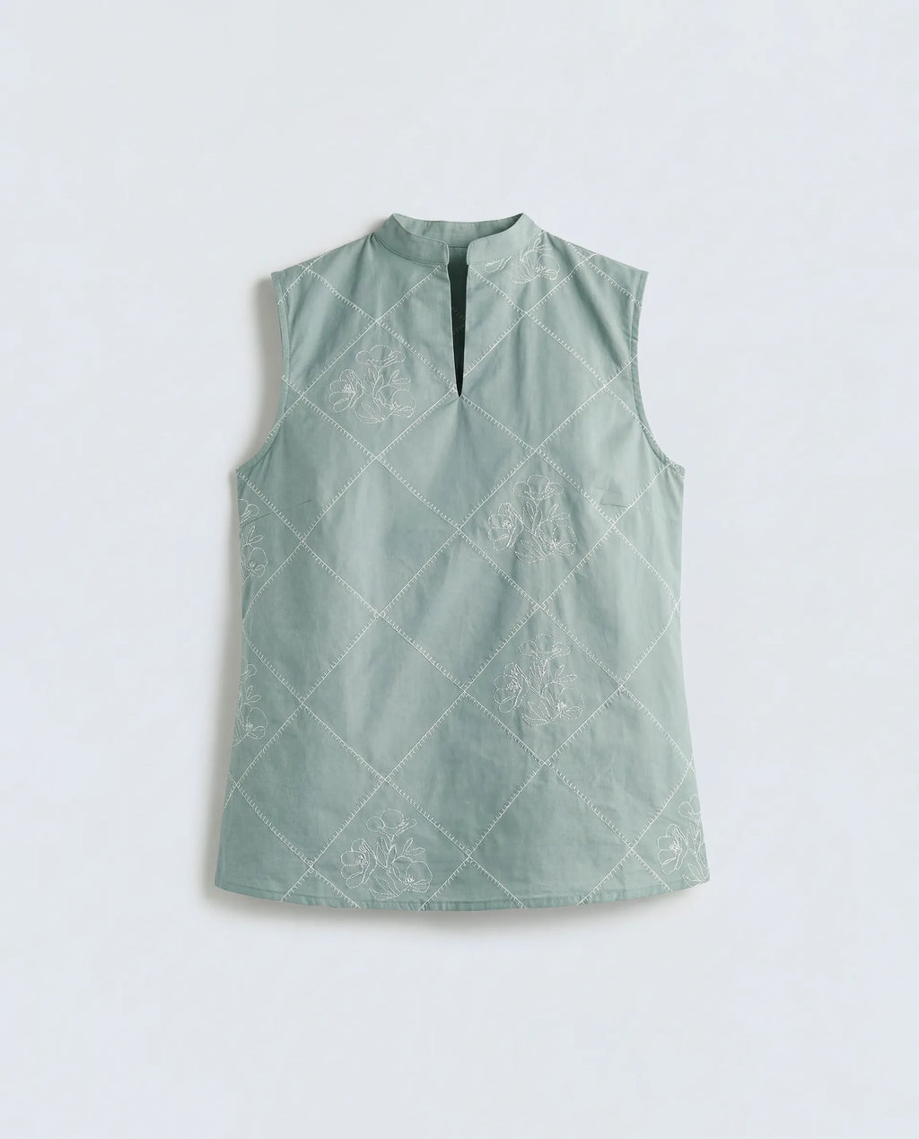 Rareism Women's Hax Dusky Green Cotton Sleeveless Band Collar Pull-On Regular Plain Top