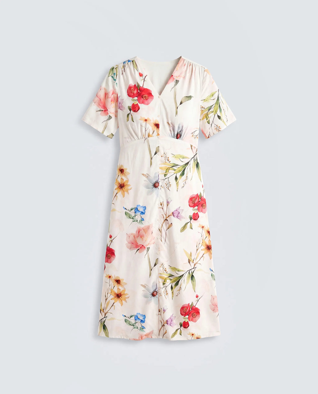 Rareism Women's Vanah Off White Viscose Half Sleeve V-Neck A-Line Floral Print Dress