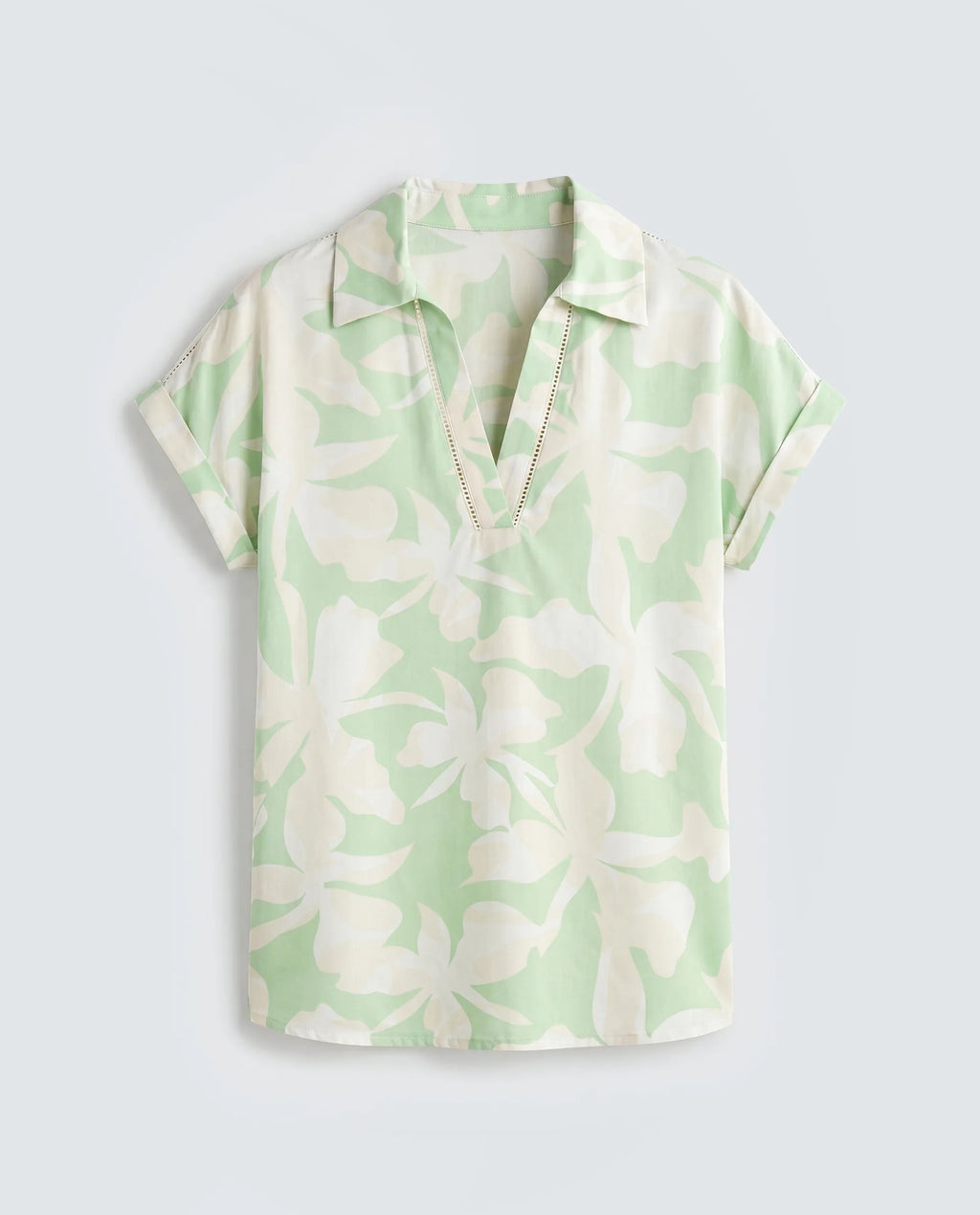 Rareism Women's Vasin-T Light Green Viscose Johnny Collar Boxy Abstract Print Top