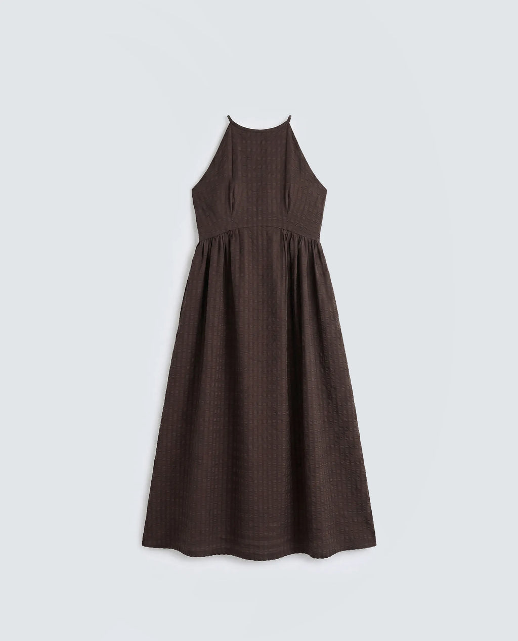 Rareism Women's Veant Brown Polyester Sleeveless Halter Neck Fit And Flare Plain Dress