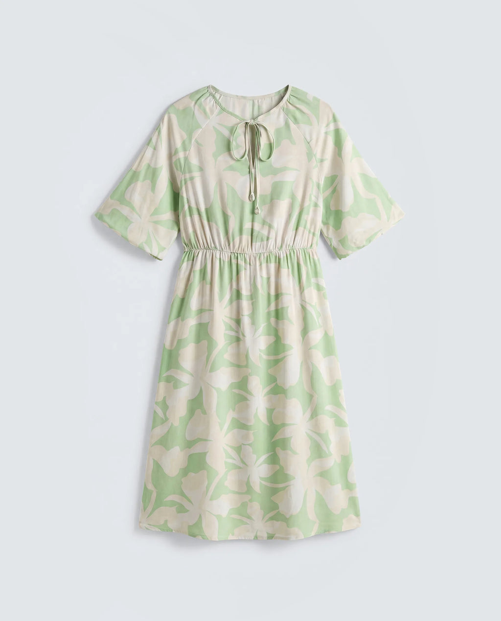 Rareism Women's Vemox Light Green Viscose Half Sleeve Tie-Up Neck Fit And Flare Abstract Print Dress