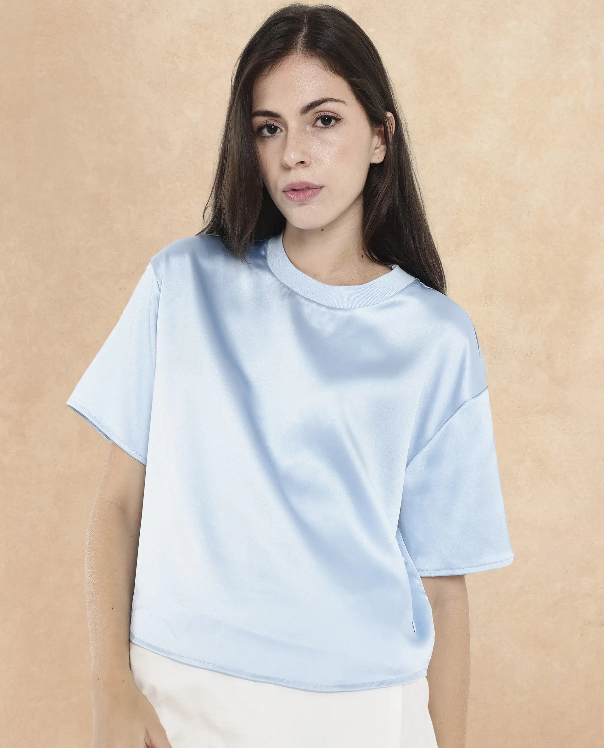 Rareism Women's Haruno Light Blue Polyester Ribbed Collar Plain Boxy Fit Top