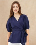 Rareism Women's Hatten Navy Nylon Blend Overlap Neck Plain Puff Sleeves Regular Fit Top
