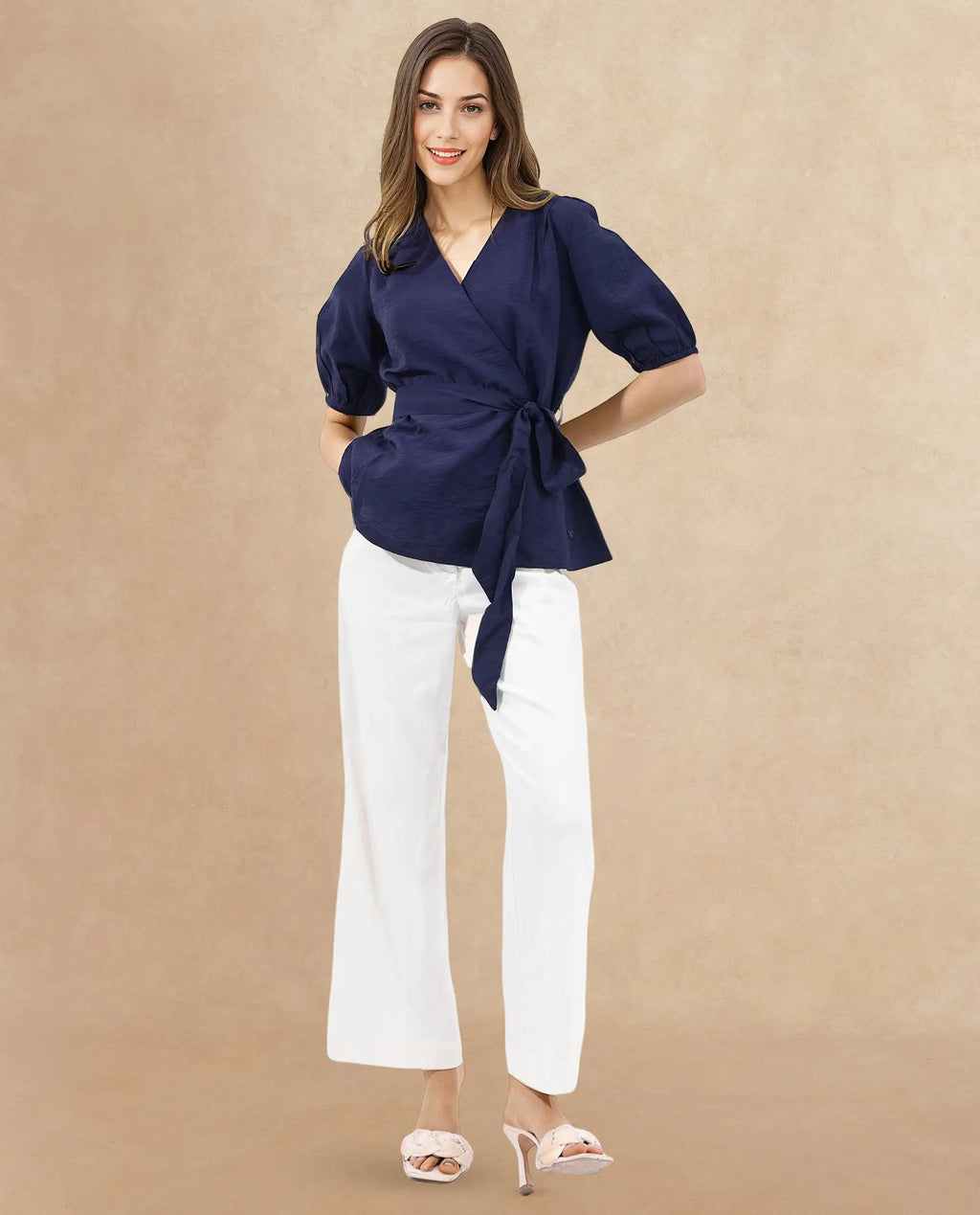 Rareism Women's Hatten Navy Nylon Blend Overlap Neck Plain Puff Sleeves Regular Fit Top