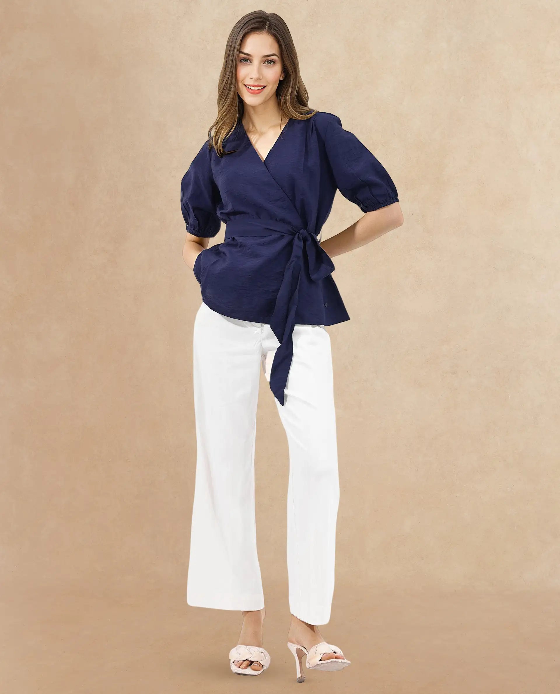 Rareism Women's Hatten Navy Nylon Blend Overlap Neck Plain Puff Sleeves Regular Fit Top