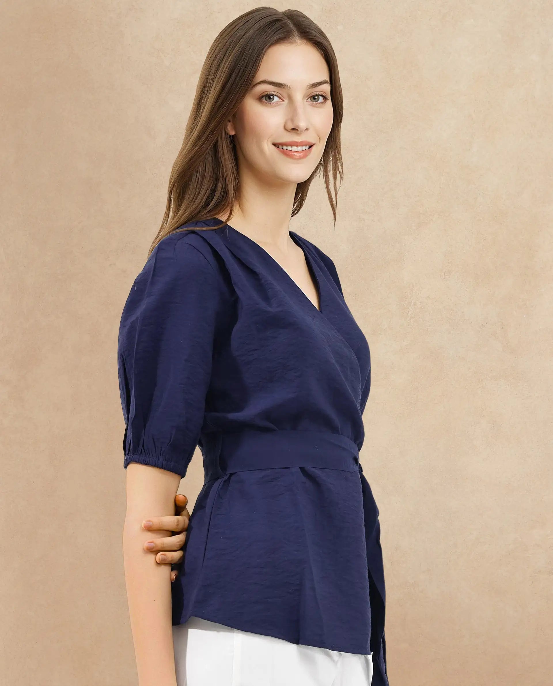 Rareism Women's Hatten Navy Nylon Blend Overlap Neck Plain Puff Sleeves Regular Fit Top