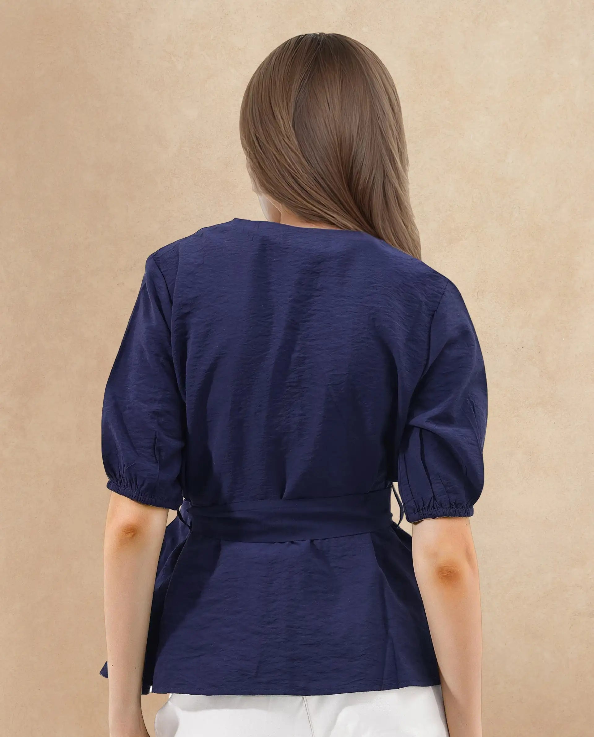 Rareism Women's Hatten Navy Nylon Blend Overlap Neck Plain Puff Sleeves Regular Fit Top