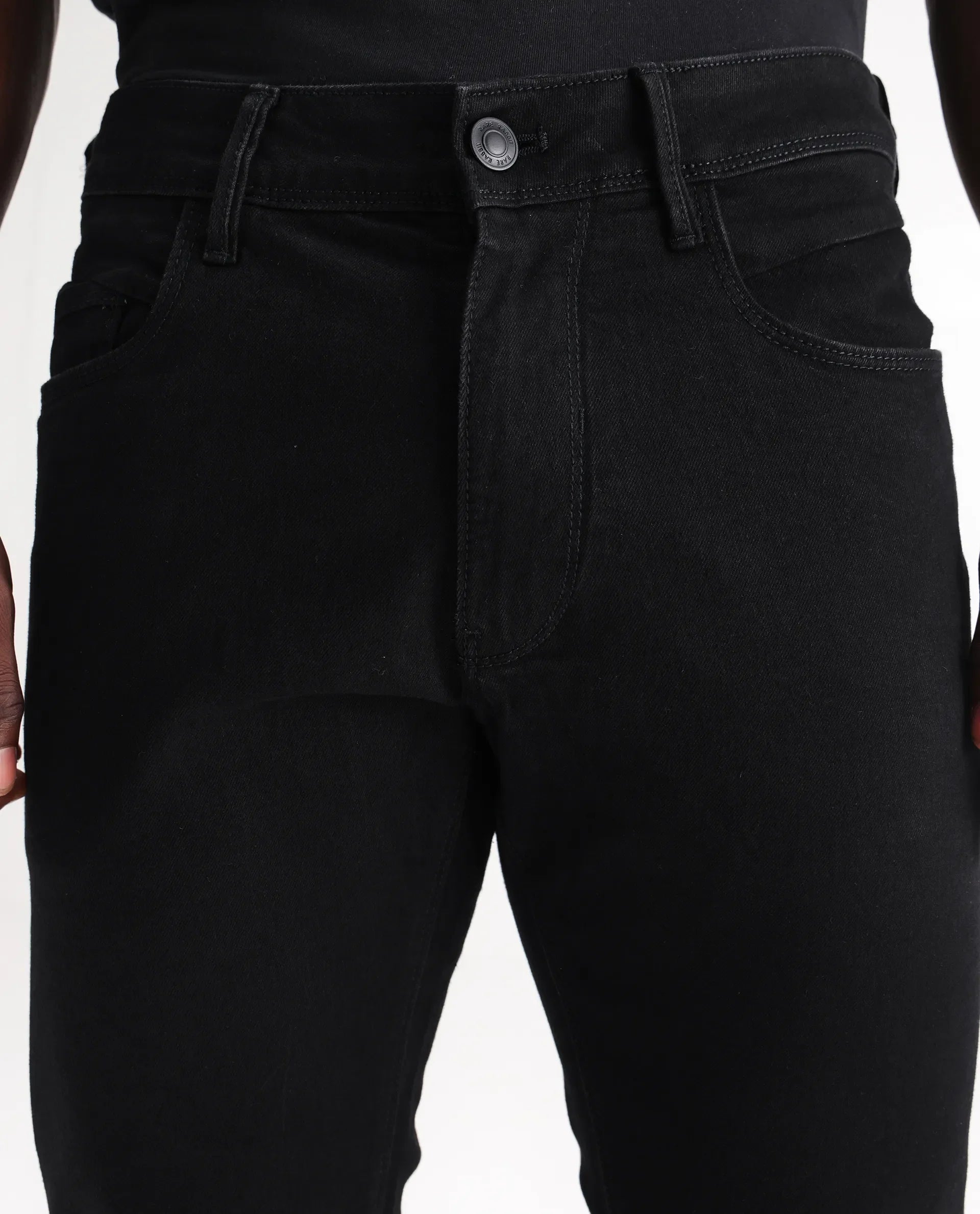 Rare Rabbit Men's Hawkins Black Cotton Plain Hawk Slim Fit Jeans