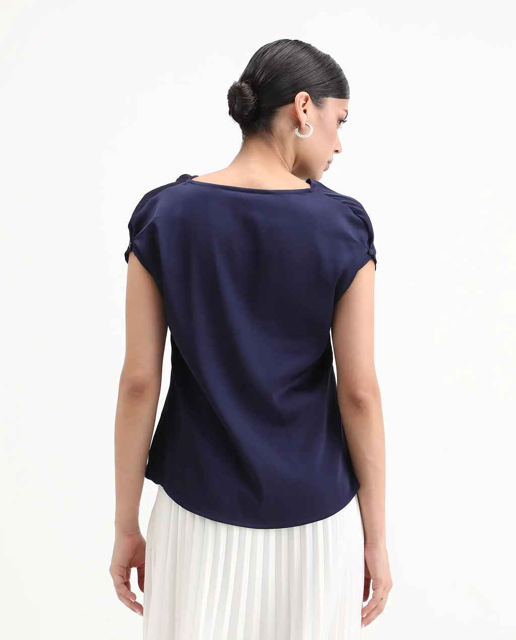 Rareism Women's Hawter Navy Polyester Cowl Neck Plain Cap Sleeve Regular Fit Top