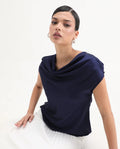 Rareism Women's Hawter Navy Polyester Cowl Neck Plain Cap Sleeve Regular Fit Top